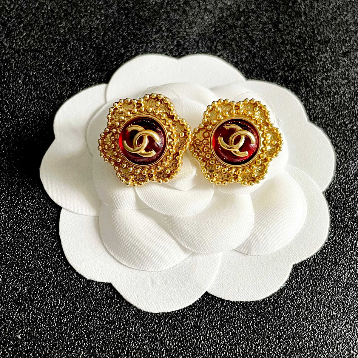 Double-C Emblem Stud Earrings in Polished Metal-Tone – Design 012 front product view