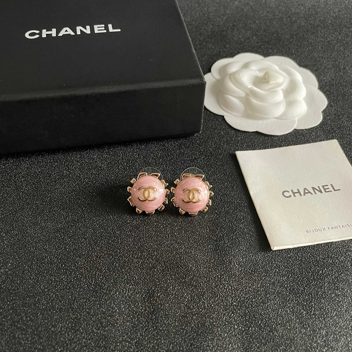 Double-C Emblem Stud Earrings in Polished Metal-Tone – Design 338 styled product view