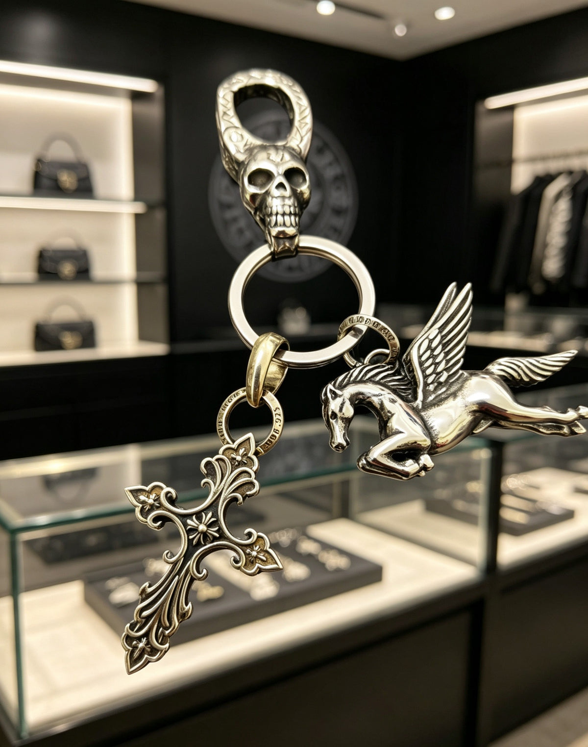 Cross Keychain in Antique Silver-Tone – Design 05 front product view