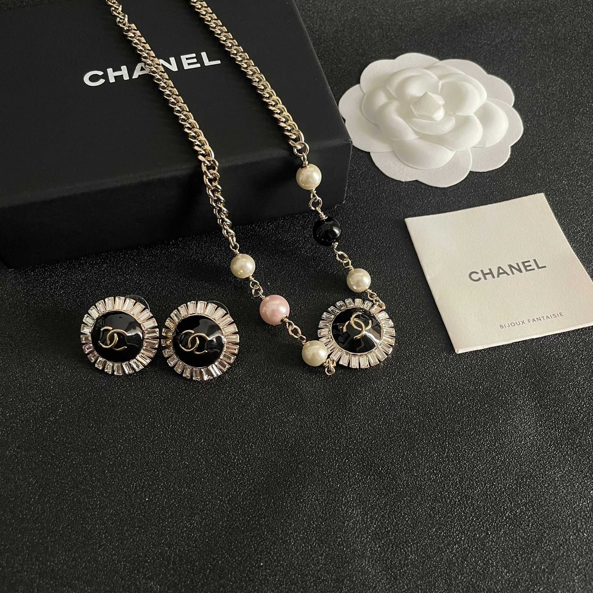 Double-C Emblem Pearl-Detail Pendant Necklace – Pearl Detail – Design 036 styled product view