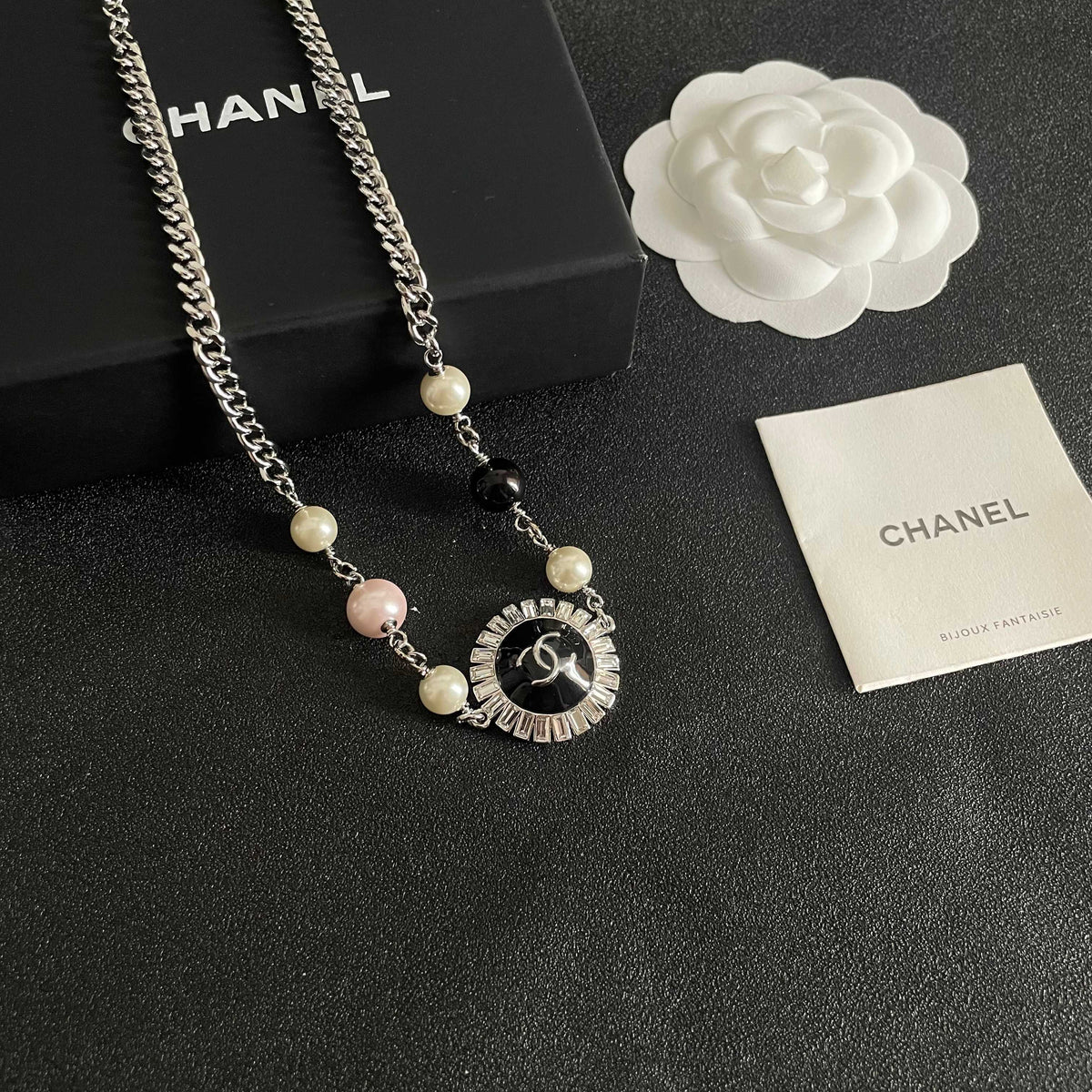Double-C Emblem Pearl-Detail Pendant Necklace – Pearl Detail – Design 104 styled product view