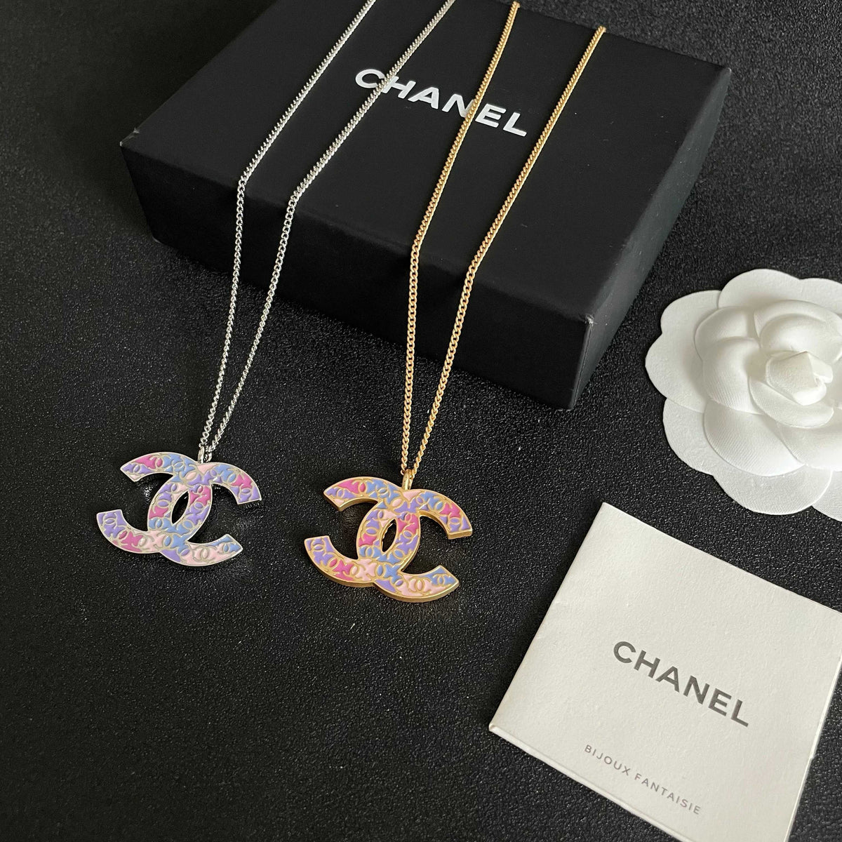 Double-C Emblem Pendant Necklace in Polished Metal-Tone – Design 061 close-up detail