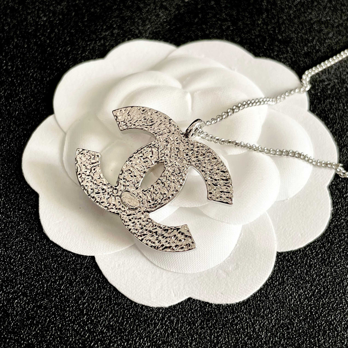Double-C Emblem Pendant Necklace in Polished Metal-Tone – Design 060 front product view