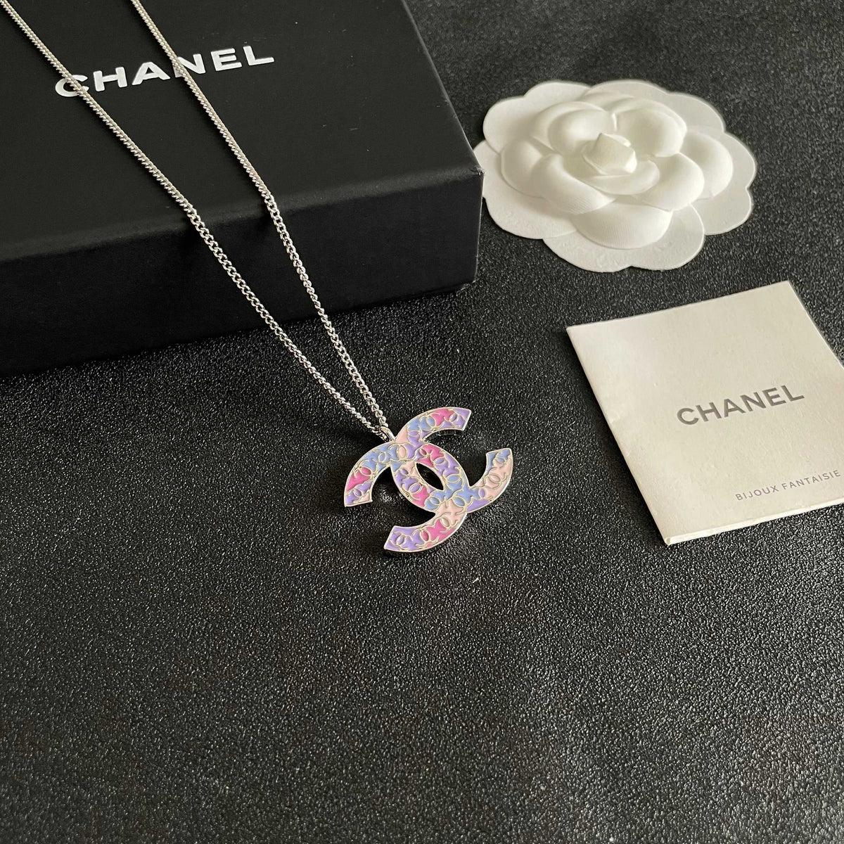 Double-C Emblem Pendant Necklace in Polished Metal-Tone – Design 015 styled product view
