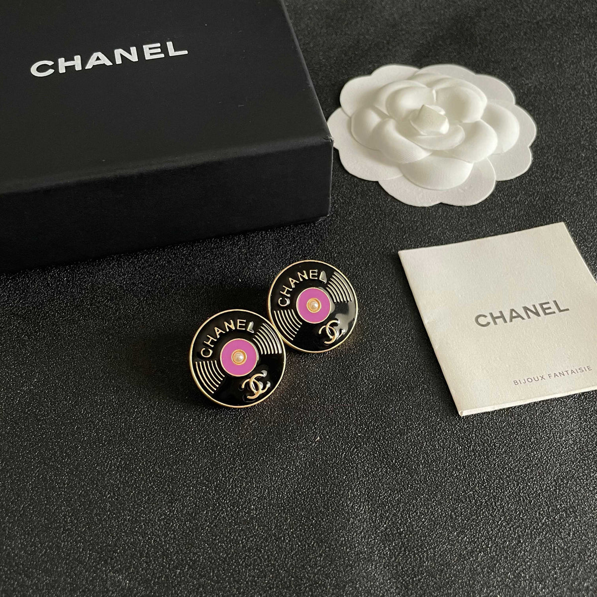 Double-C Emblem Stud Earrings in Polished Metal-Tone – Design 175 styled product view