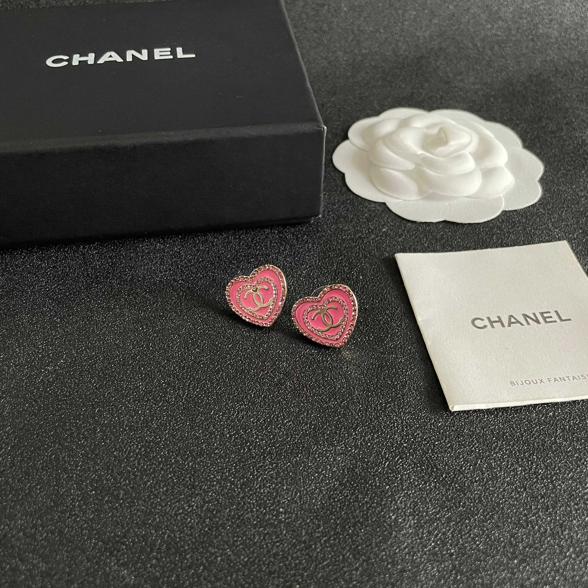 Double-C Emblem Crystal-Accent Stud Earrings – Heart Detail – Design 003 styled product view