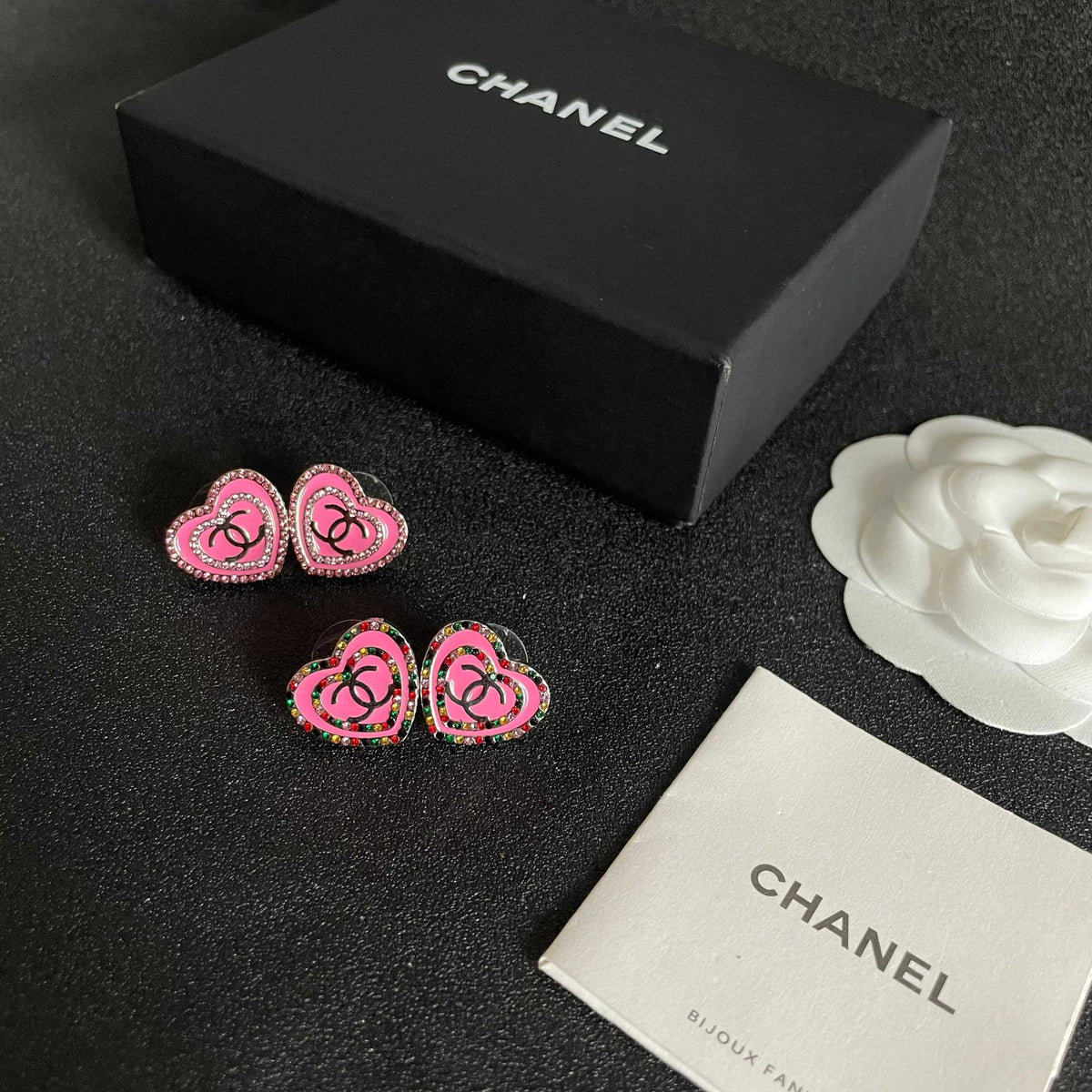 Double-C Emblem Crystal-Accent Stud Earrings – Heart Detail – Design 003 side detail