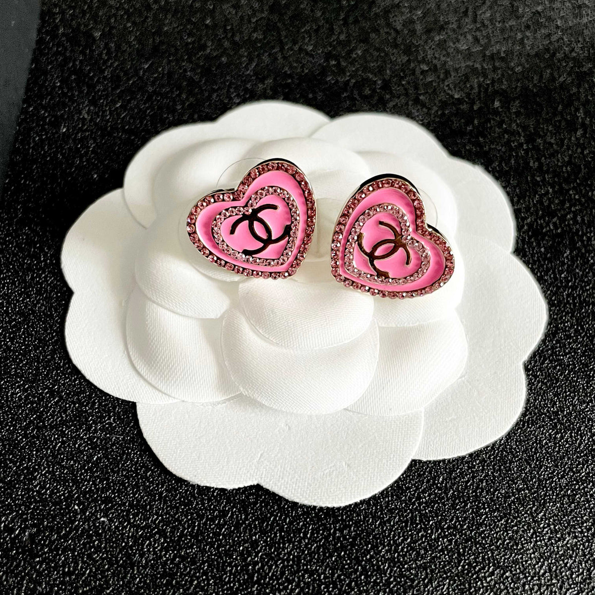 Double-C Emblem Crystal-Accent Stud Earrings – Heart Detail – Design 003 front product view