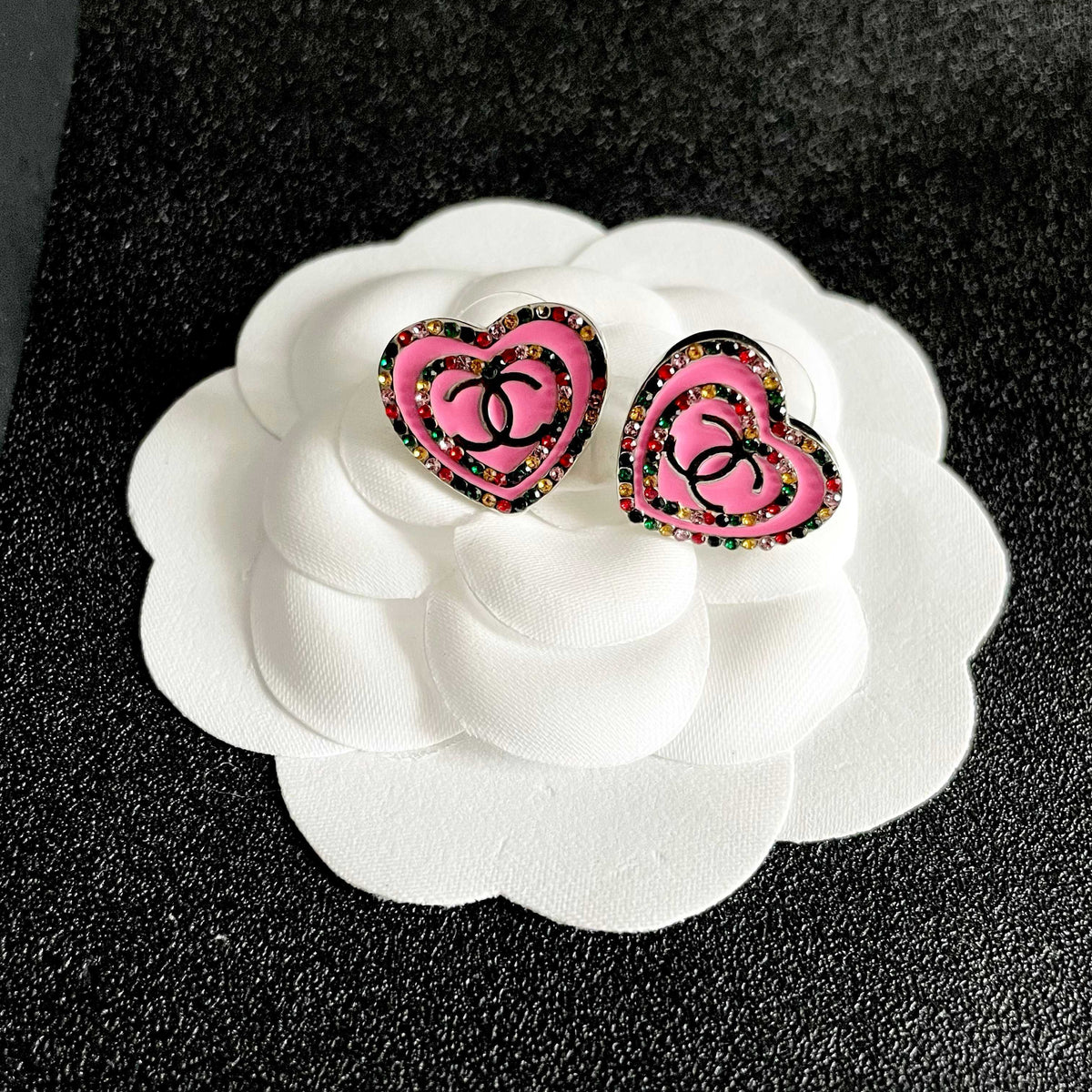 Double-C Emblem Crystal-Accent Stud Earrings – Heart Detail – Design 002 front product view