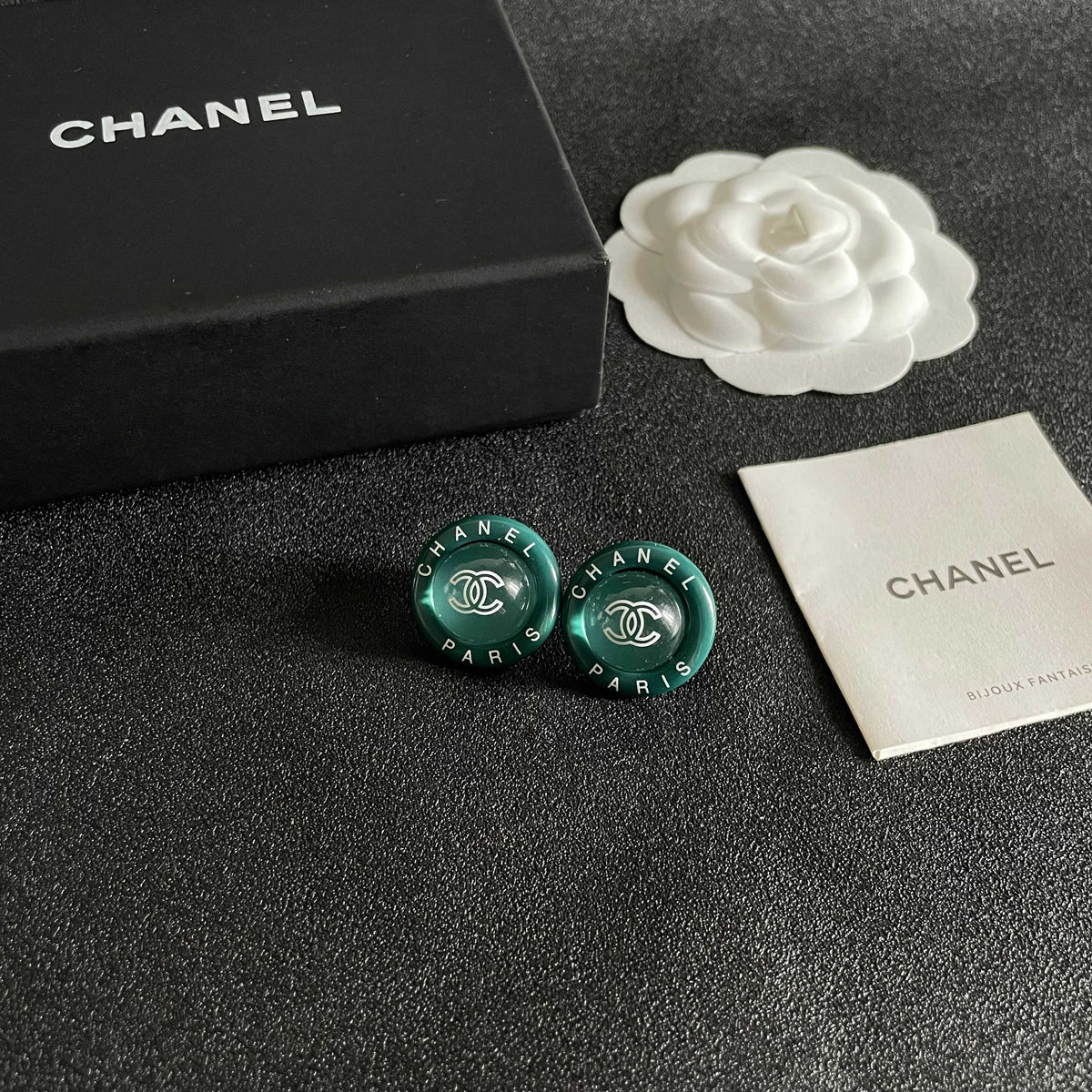 Double-C Emblem Stud Earrings in Polished Metal-Tone – Design 173 styled product view