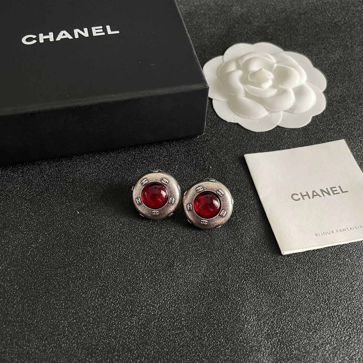 Double-C Emblem Stud Earrings in Polished Metal-Tone – Design 170 styled product view