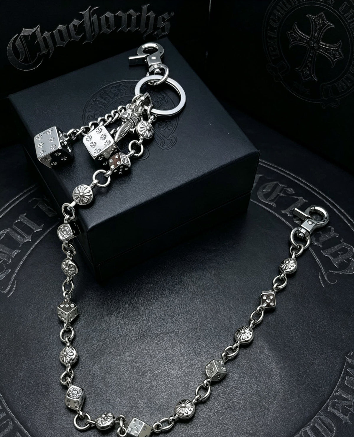 Floral Cross Multi-Use Chain Accessory – Dice Detail front product view