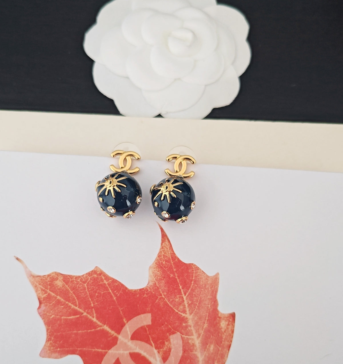 Signature Emblem Statement Earrings in Gold-Tone – Blue Detail – Design 003 close-up detail