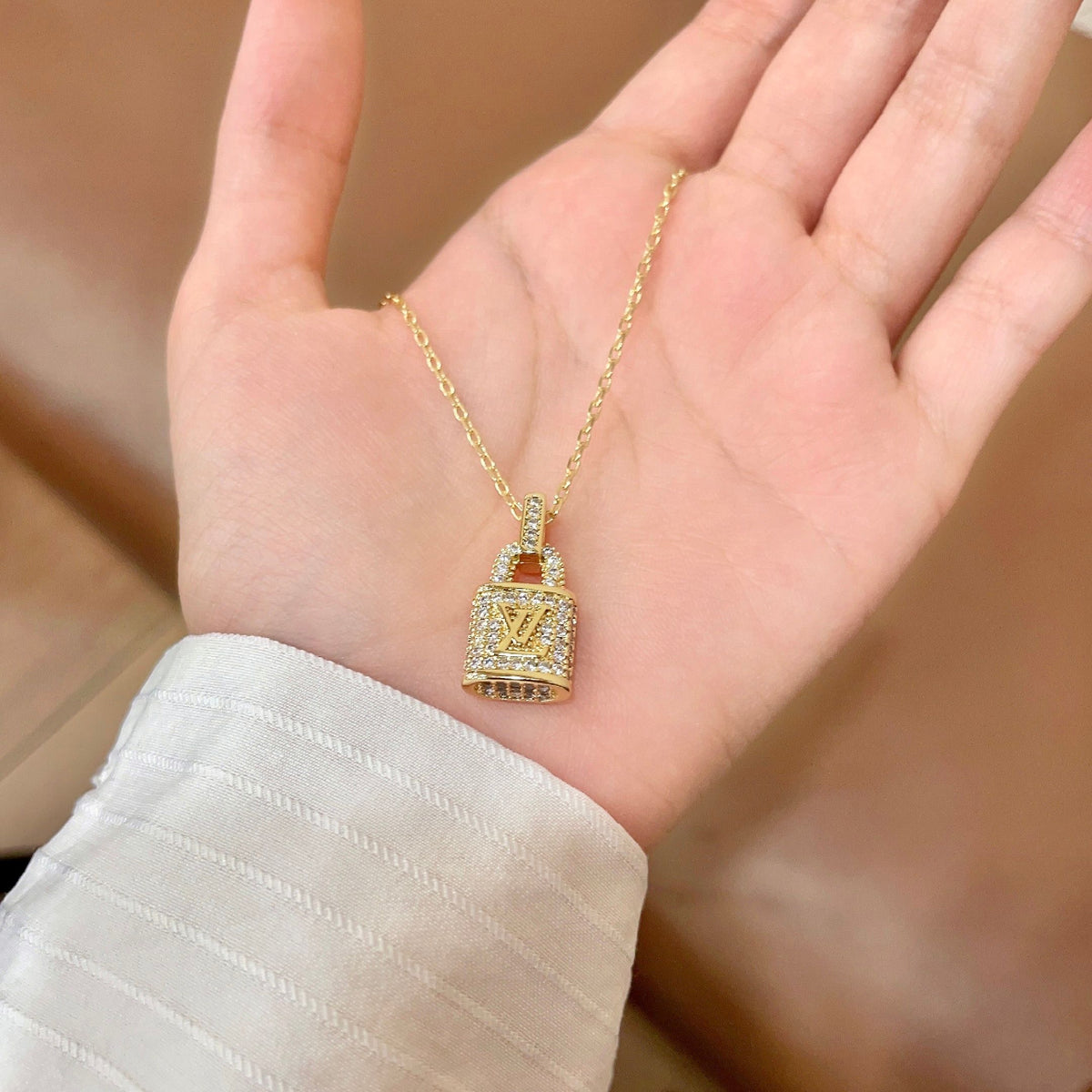 Geometric Emblem Pendant Necklace in Gold-Tone – Design 065 side detail