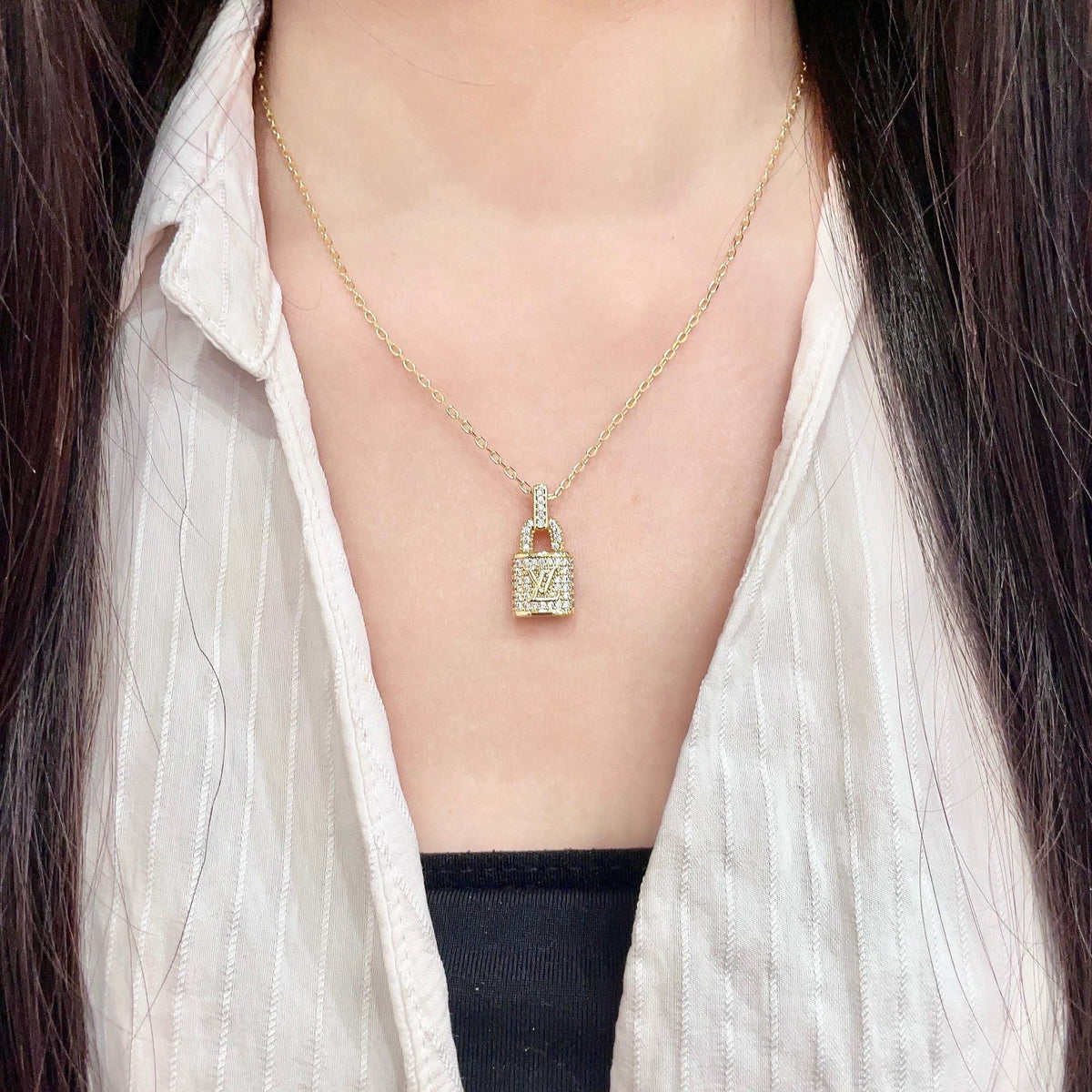Geometric Emblem Pendant Necklace in Gold-Tone – Design 065 detail view