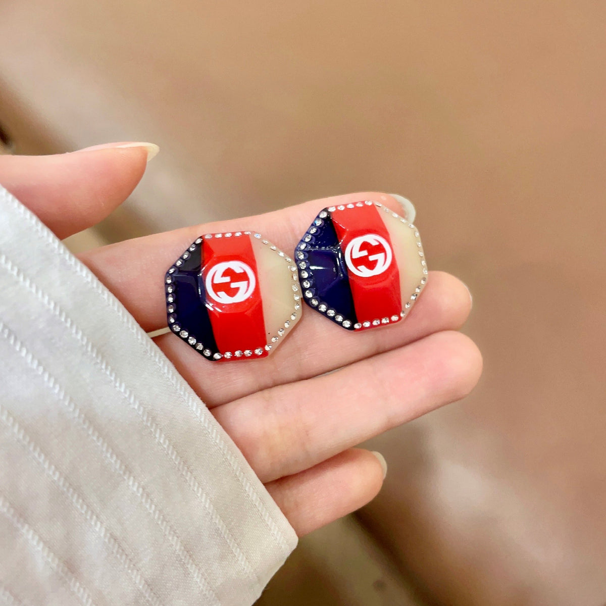 Geometric Emblem Stud Earrings in Silver-Tone – Design 006 side detail