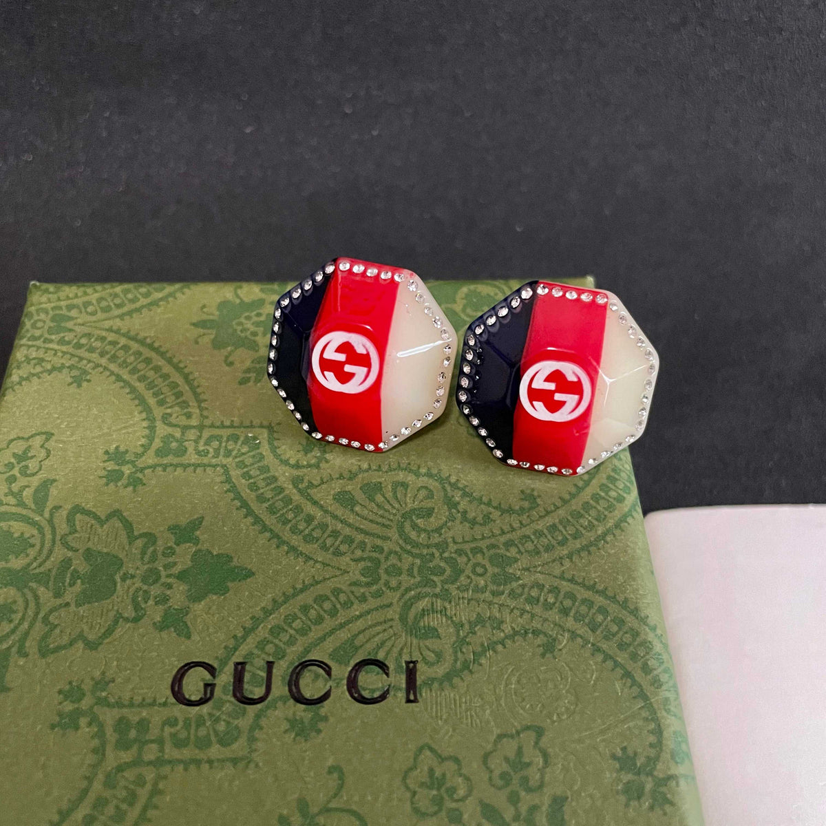 Geometric Emblem Stud Earrings in Silver-Tone – Design 006 detail view
