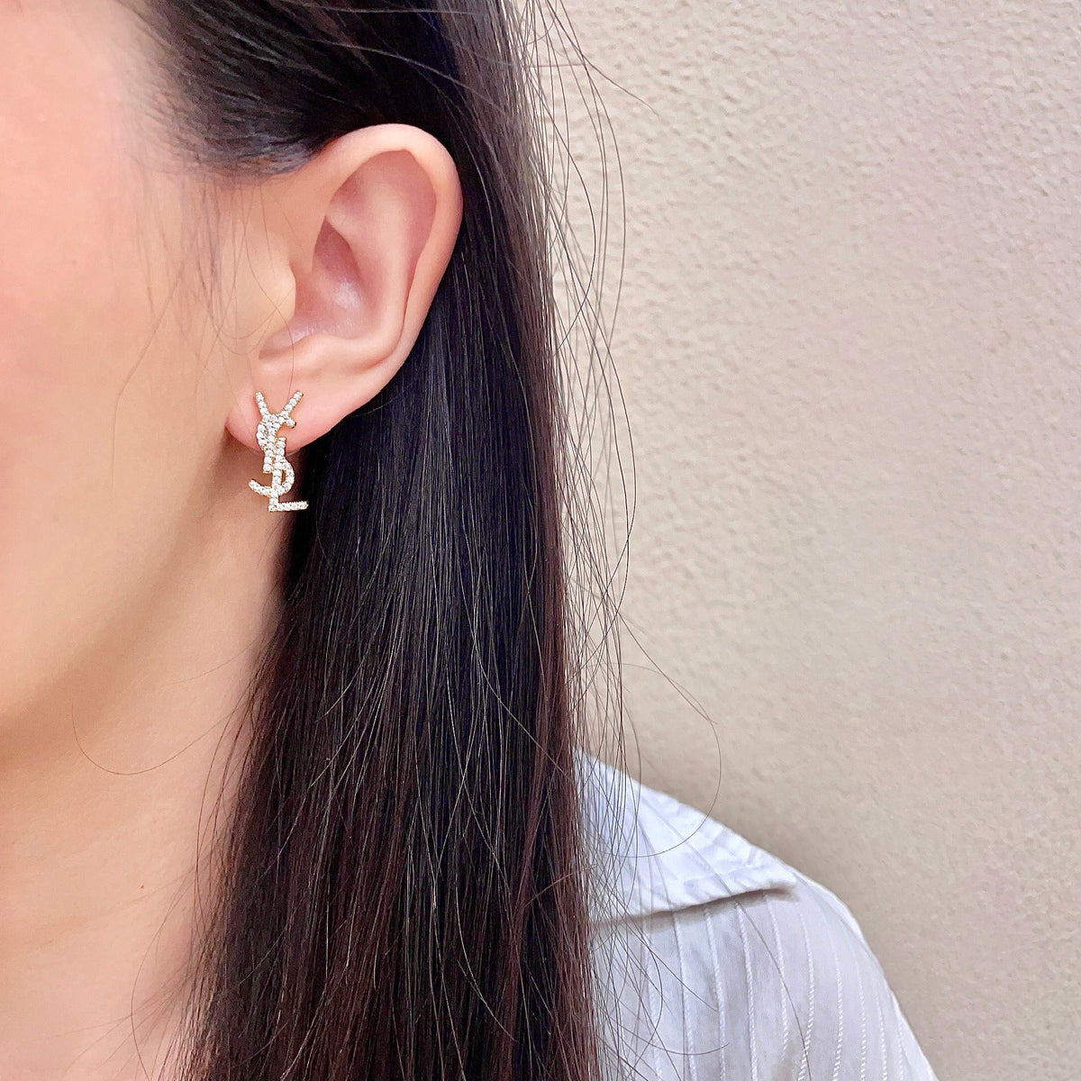 Signature Emblem Stud Earrings in Silver-Tone – Design 024 detail view