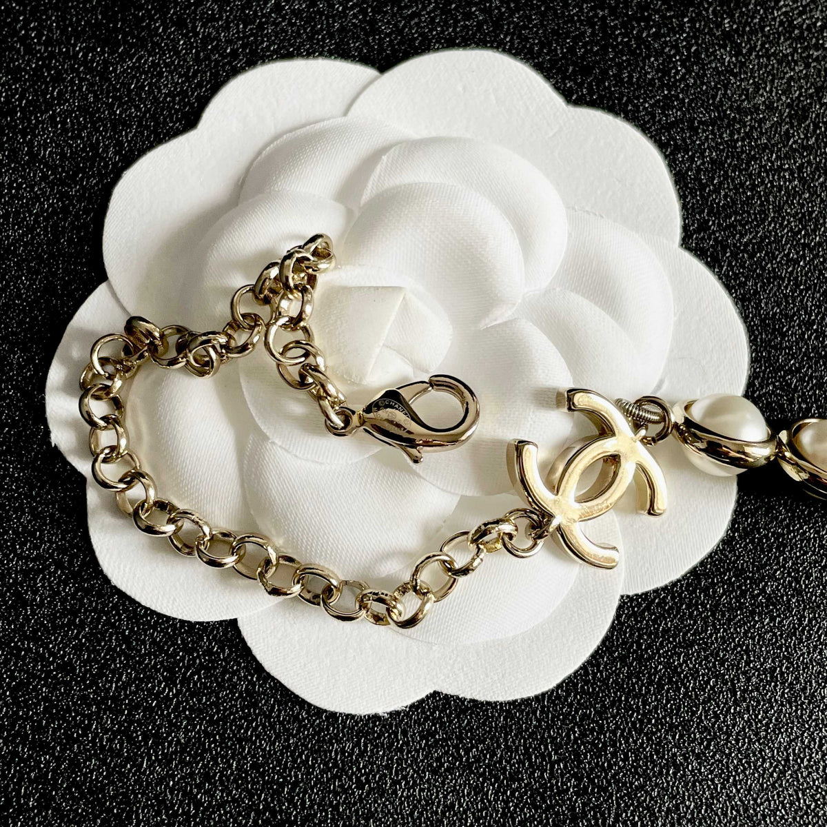 Double-C Emblem Pearl-Detail Pendant Necklace – Pearl Detail – Design 114 front product view