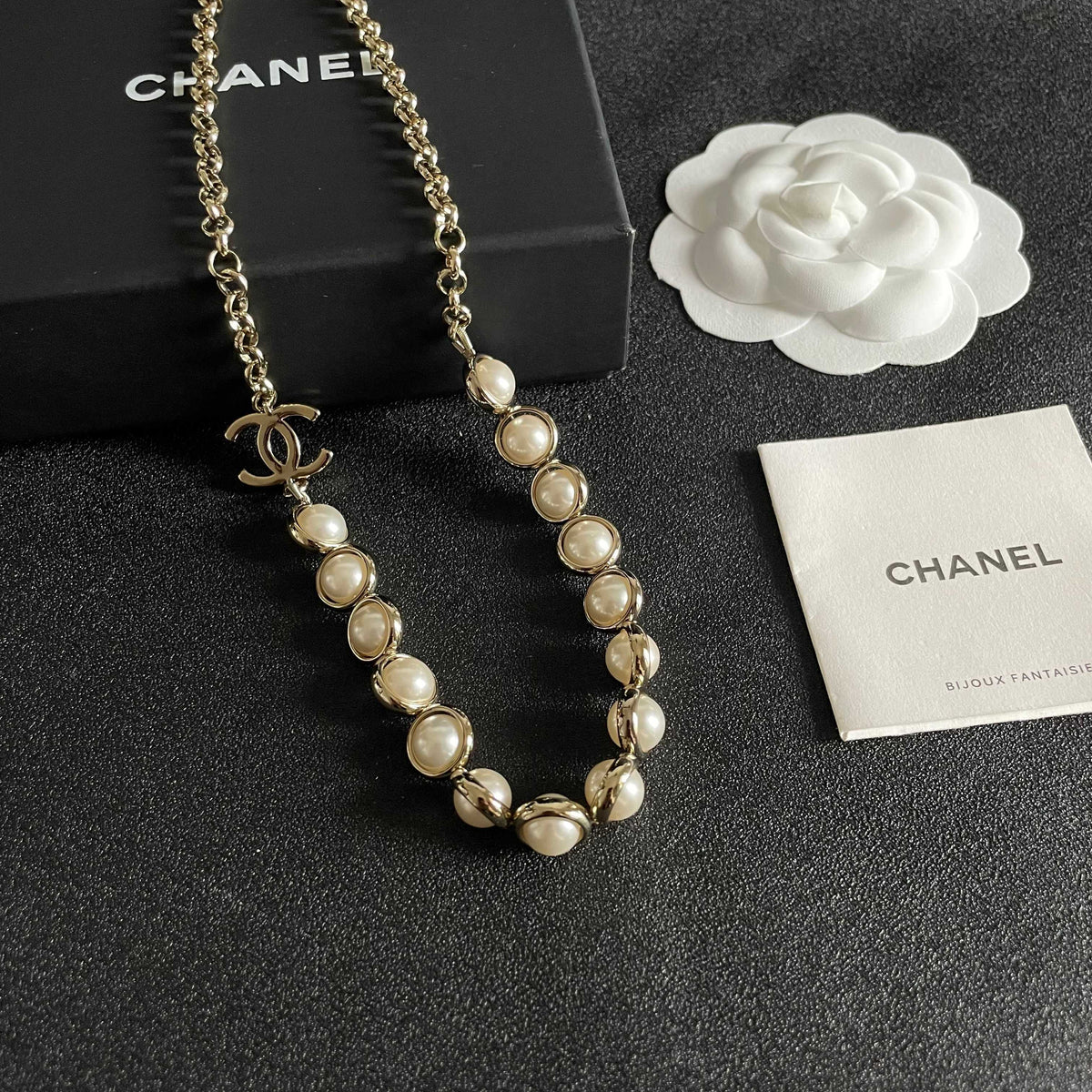 Double-C Emblem Pearl-Detail Pendant Necklace – Pearl Detail – Design 114 styled product view