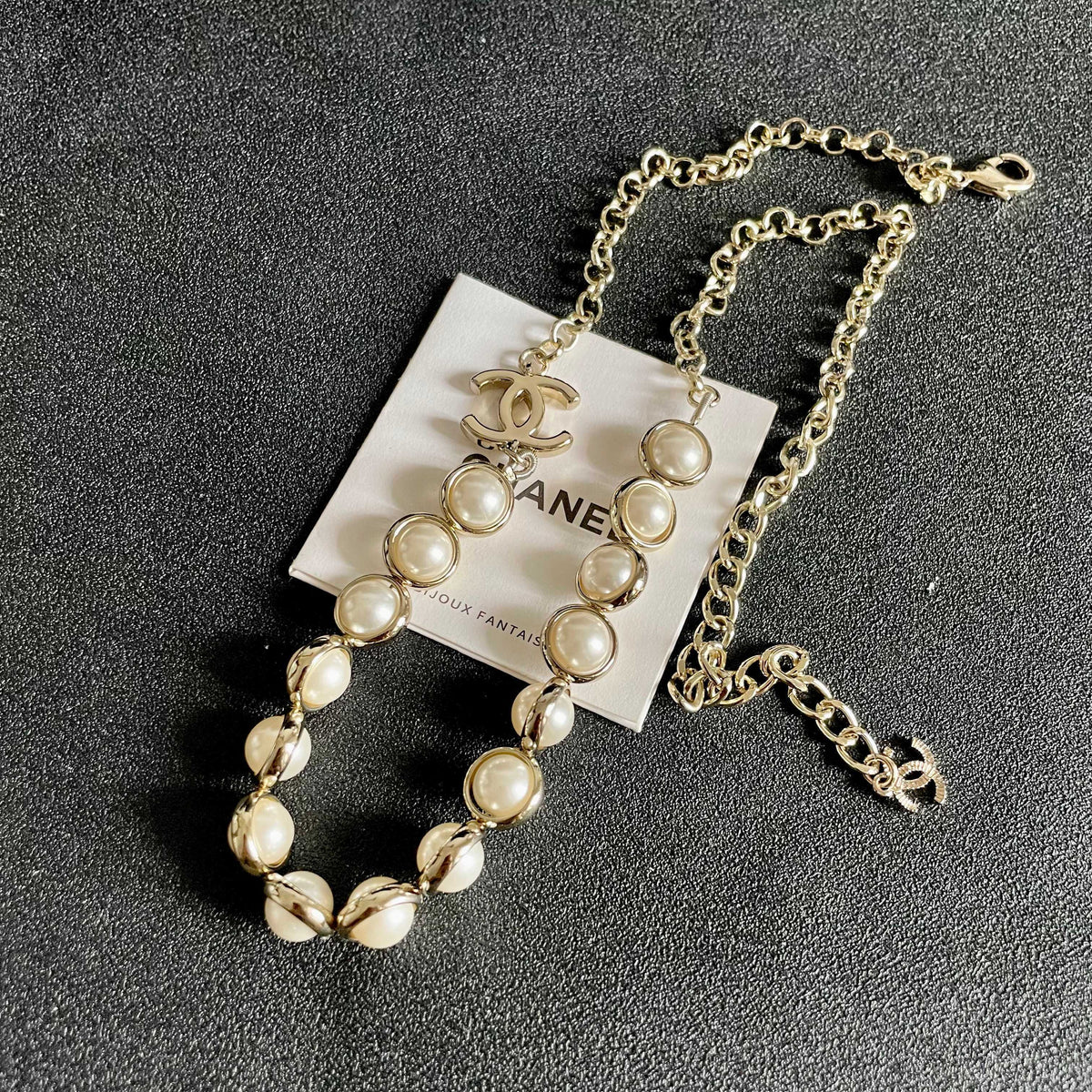Double-C Emblem Pearl-Detail Pendant Necklace – Pearl Detail – Design 039 detail view