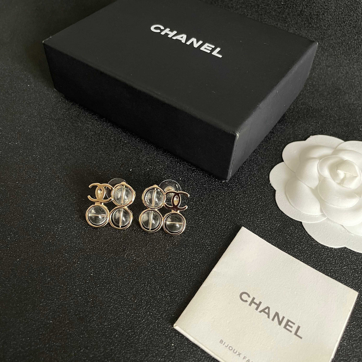 Double-C Emblem Stud Earrings in Polished Metal-Tone – Design 373 close-up detail