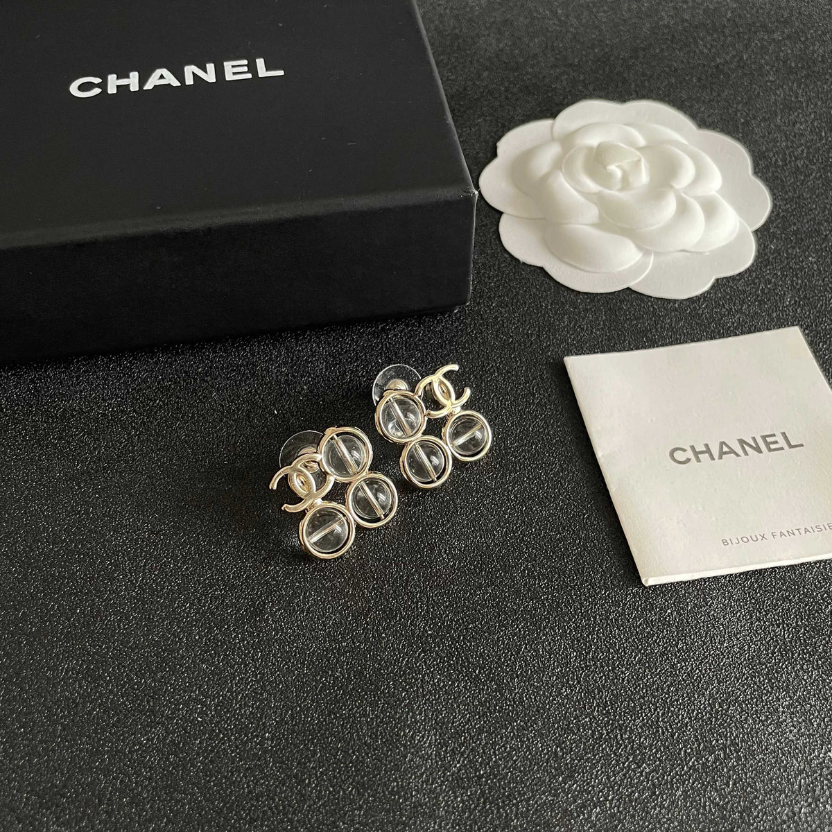 Double-C Emblem Stud Earrings in Polished Metal-Tone – Design 183 styled product view
