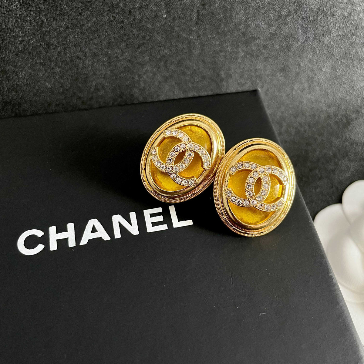 Double-C Emblem Crystal-Accent Stud Earrings – Design 055 detail view