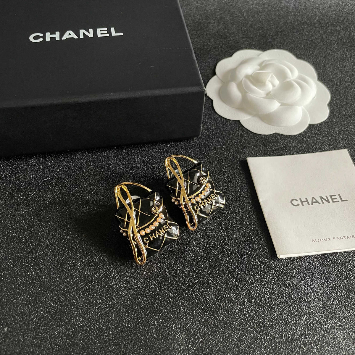 Double-C Emblem Stud Earrings in Polished Metal-Tone – Design 182 styled product view