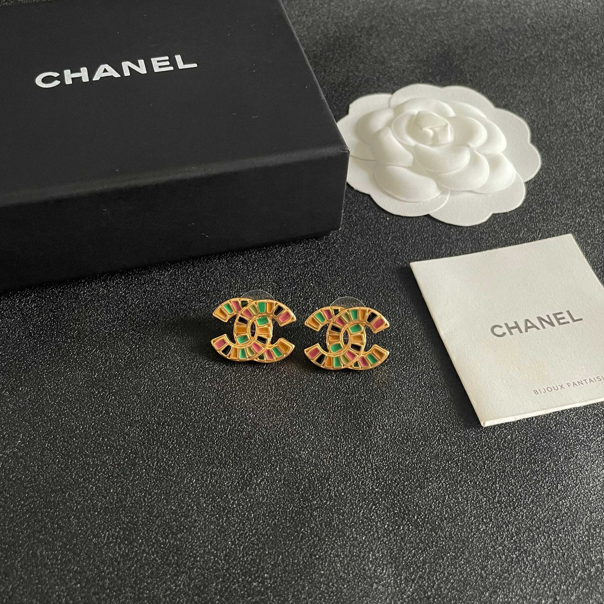 Double-C Emblem Stud Earrings in Polished Metal-Tone – Design 370 styled product view
