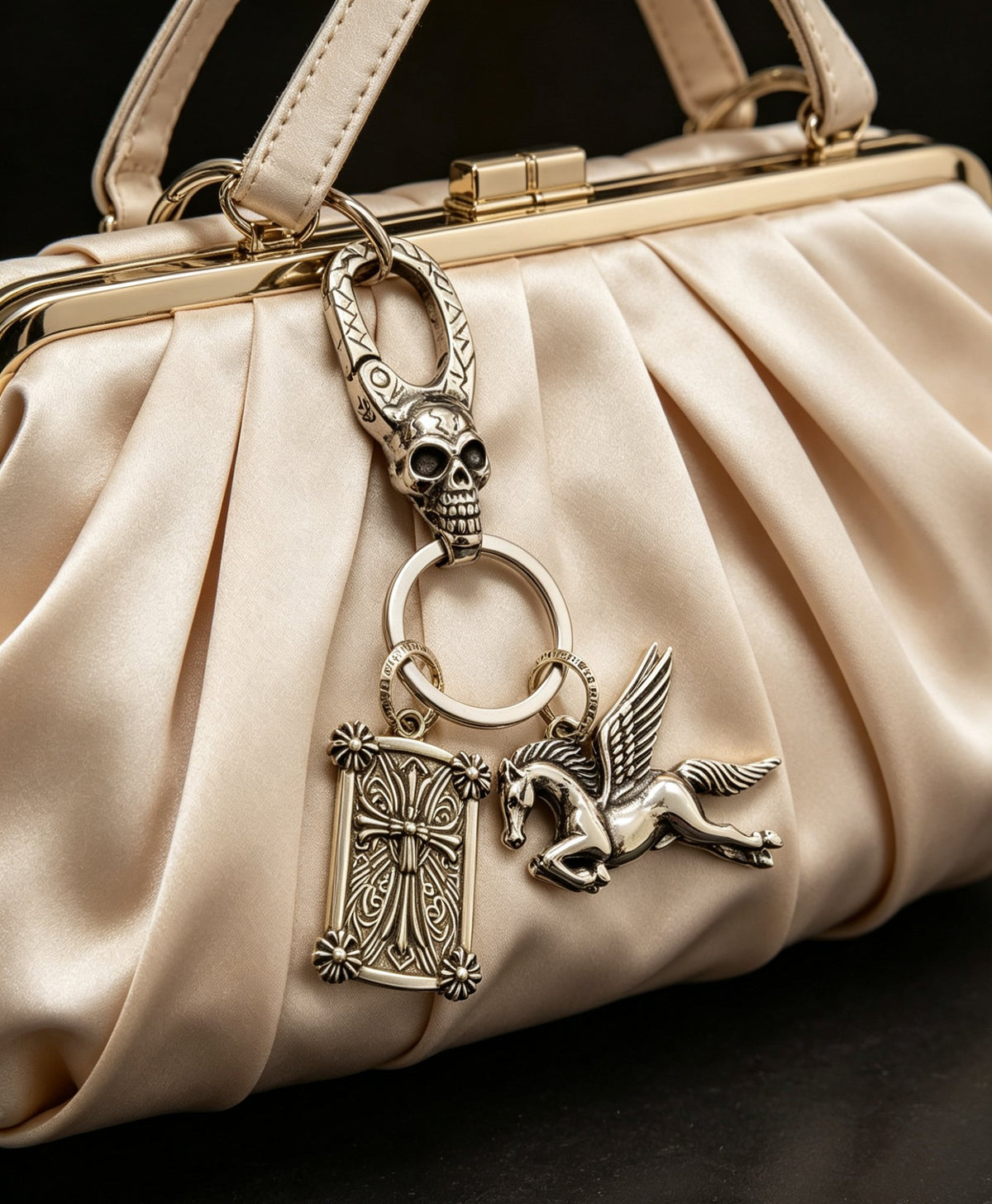 Floral Cross Keychain in Antique Silver-Tone front product view