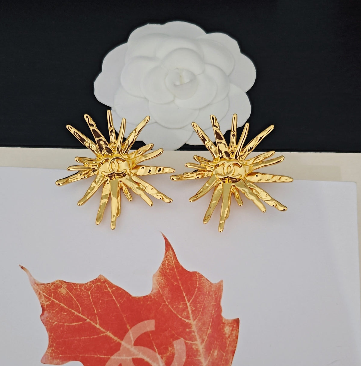 Signature Emblem Stud Earrings in Gold-Tone – Design 046 close-up detail