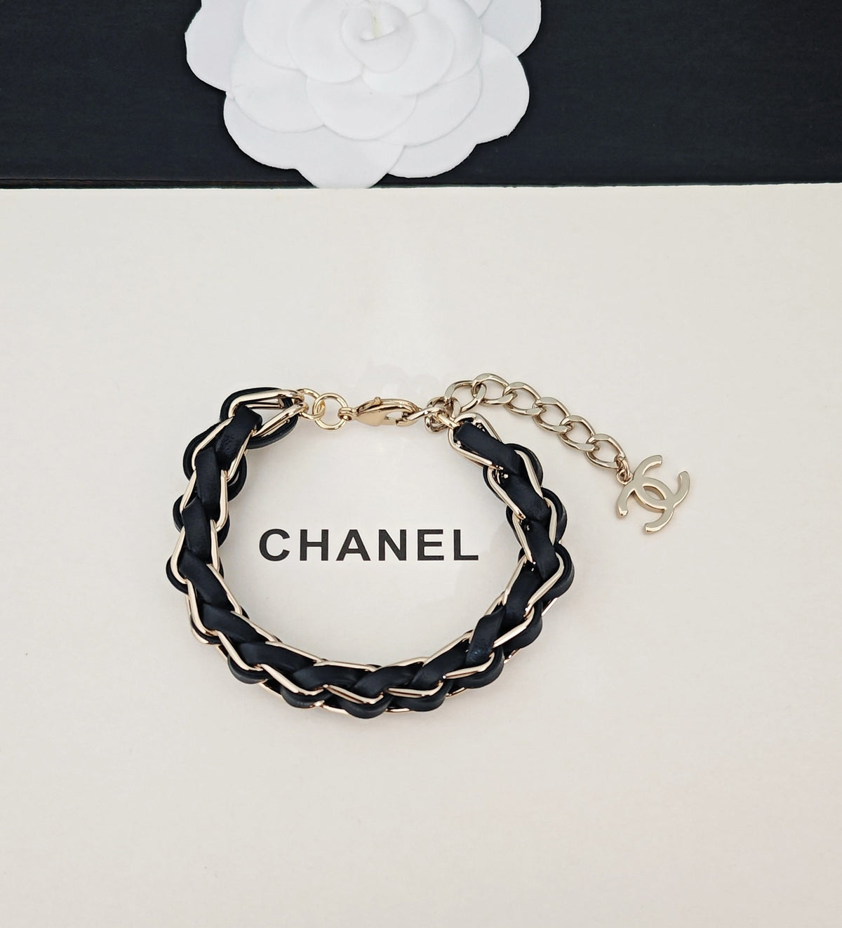 Signature Emblem Bracelet in Gold-Tone – Black Detail front product view