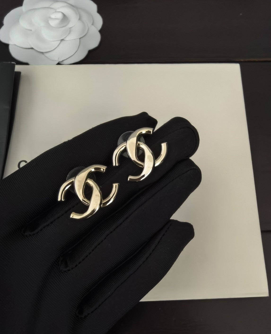 Signature Emblem Stud Earrings in Gold-Tone – Design 062 detail view