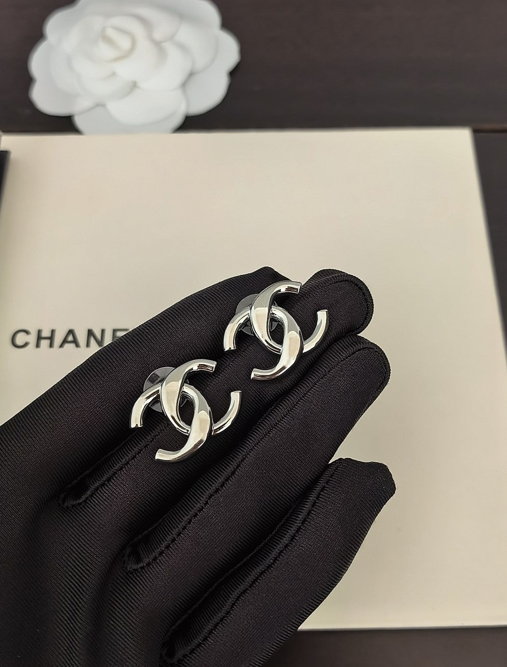 Signature Emblem Stud Earrings in Gold-Tone – White Detail – Design 007 detail view