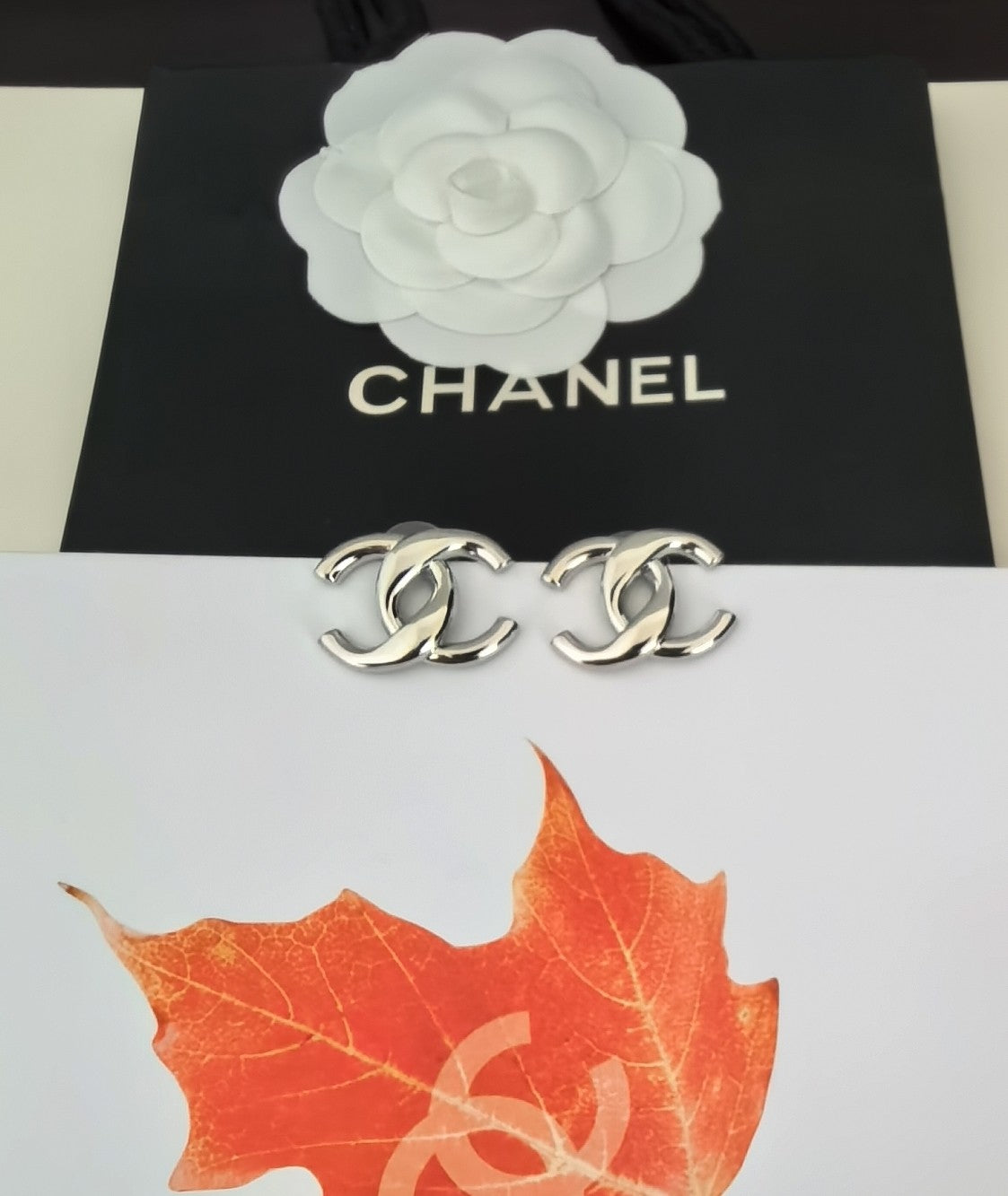 Signature Emblem Stud Earrings in Gold-Tone – White Detail – Design 007 styled product view