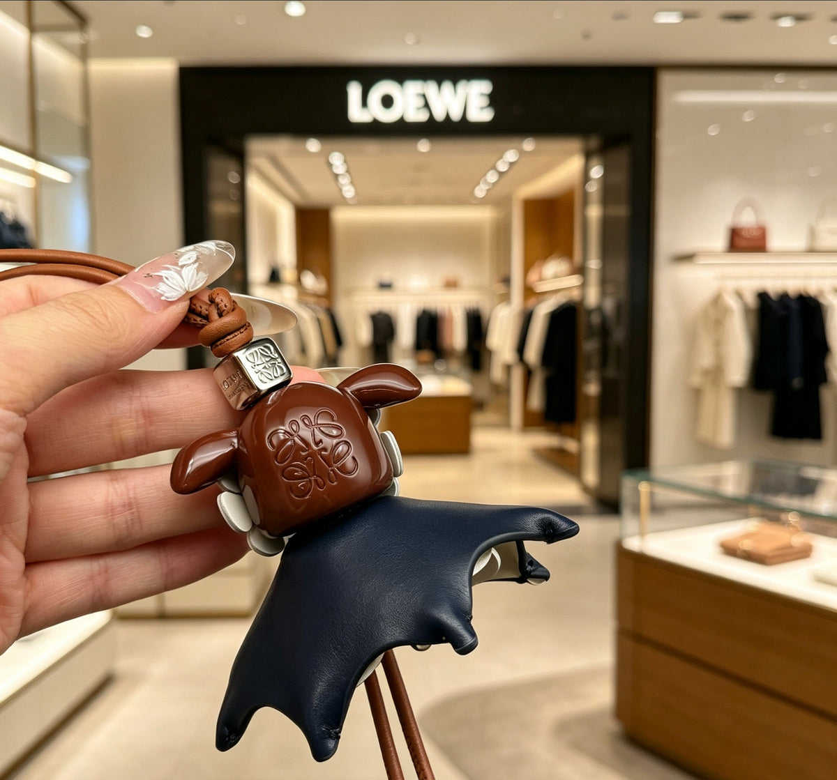 Floral Motif Bag Charm in Polished Metal-Tone with Leather Detail – Design 03 styled view