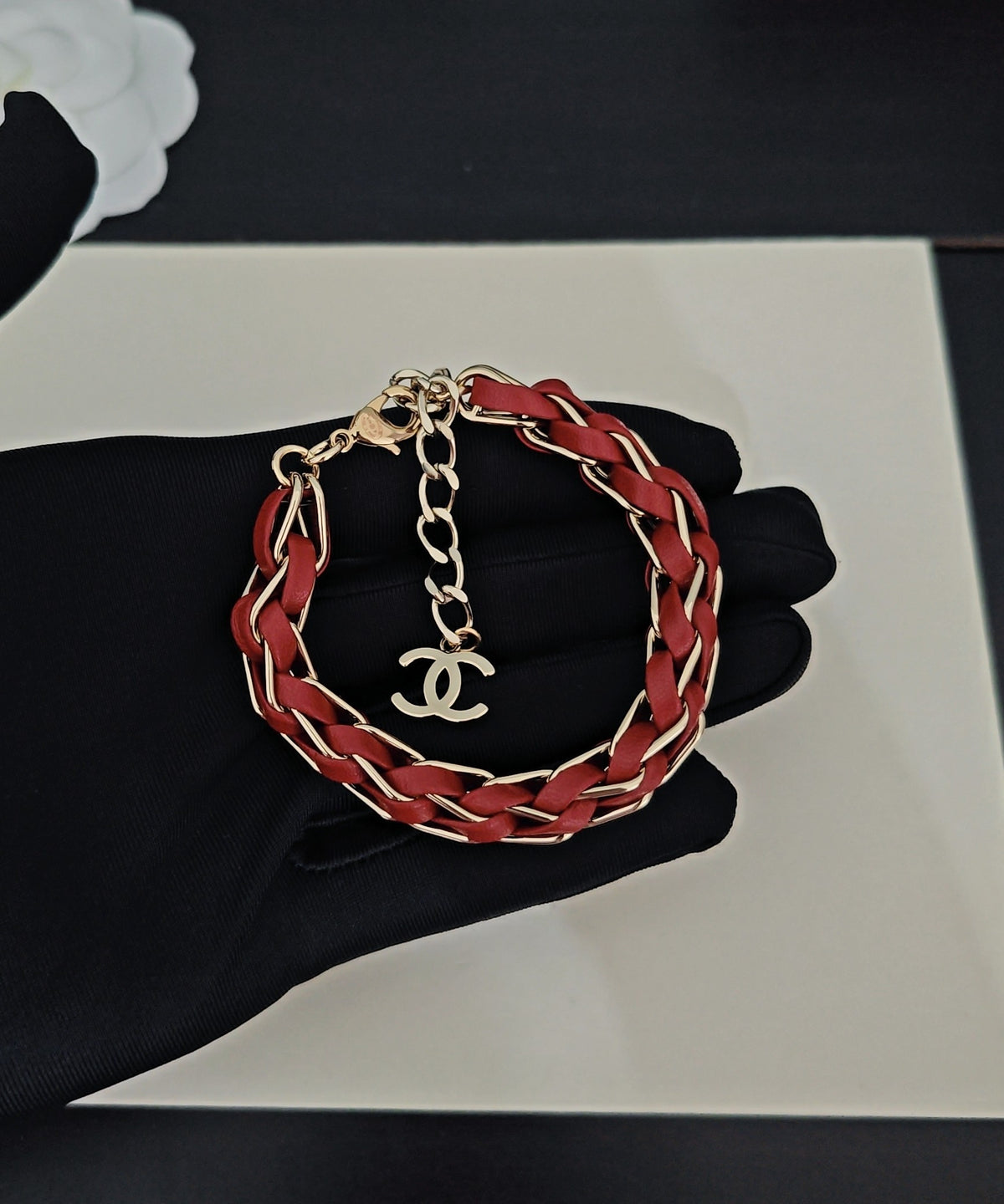 Signature Emblem Bracelet in Gold-Tone – Red Detail front product view