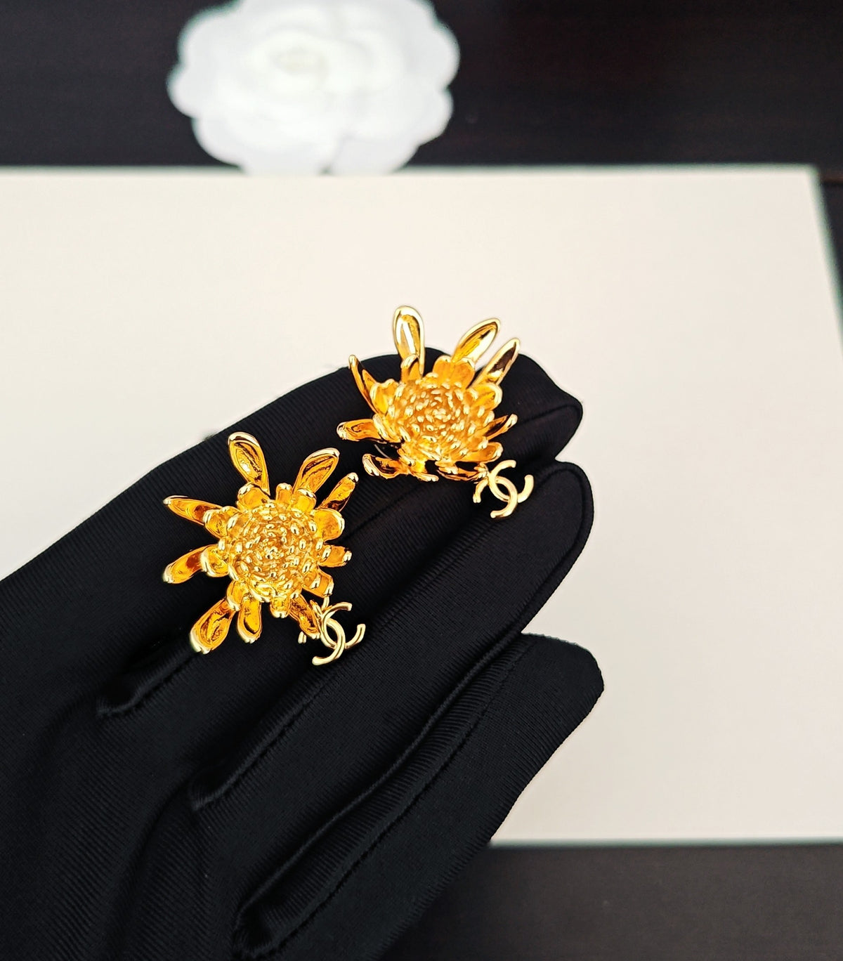 Camellia Statement Earrings in Gold-Tone – Camellia Detail – Design 002 main product view