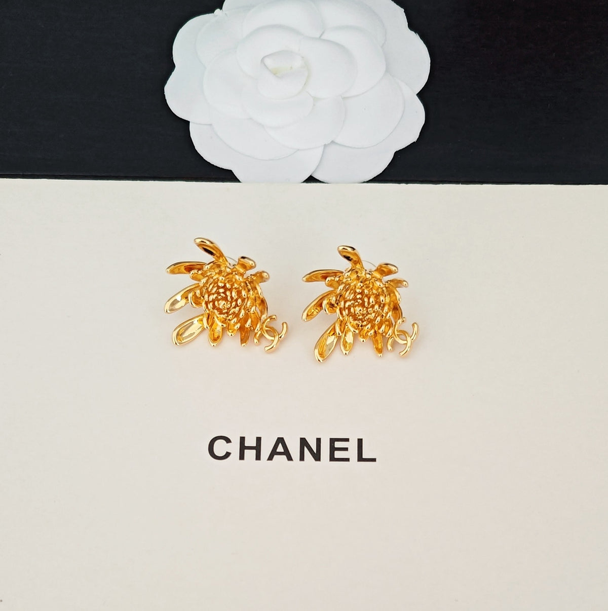 Camellia Statement Earrings in Gold-Tone – Camellia Detail – Design 002 styled product view