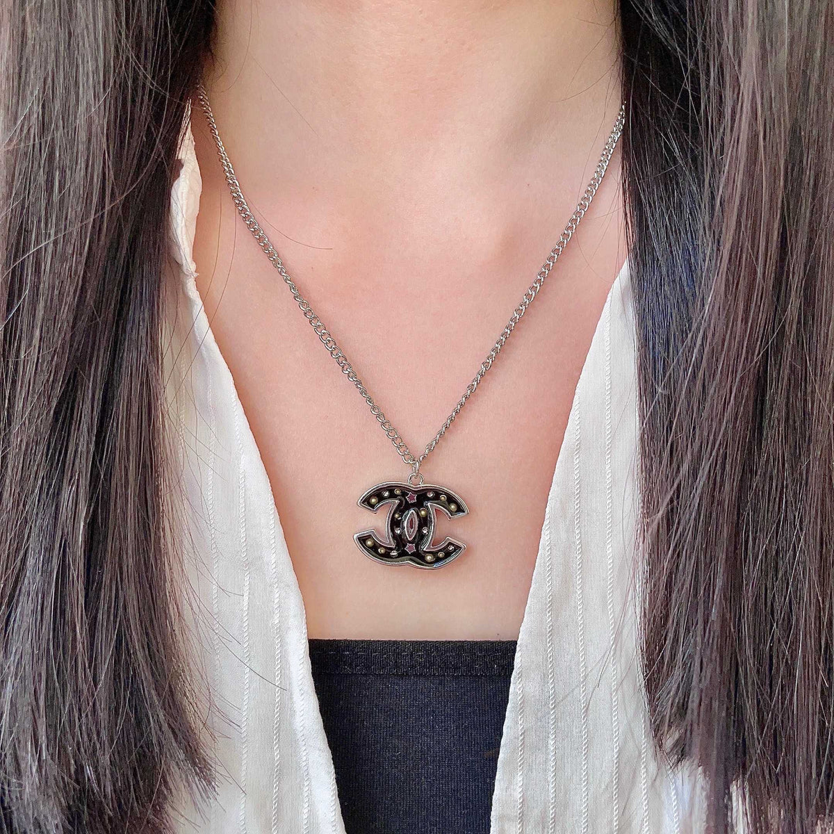 Signature Emblem Pendant Necklace in Polished Metal-Tone – Design 103 detail view