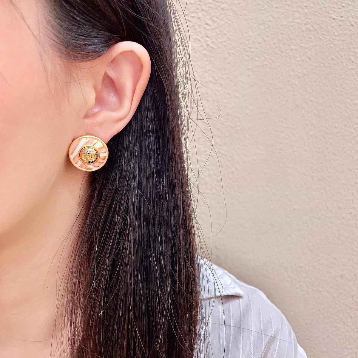 Signature Emblem Stud Earrings in Polished Metal-Tone – Design 106 detail view