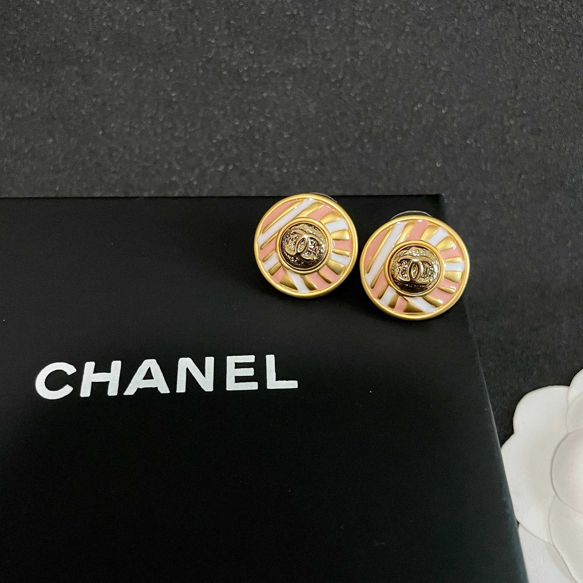 Signature Emblem Stud Earrings in Polished Metal-Tone – Design 106 detail view