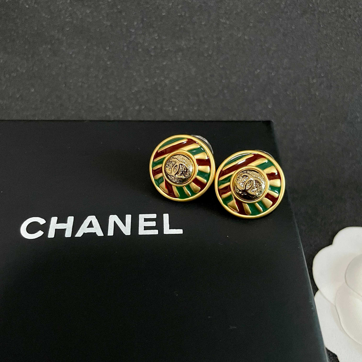 Signature Emblem Stud Earrings in Polished Metal-Tone – Design 105 detail view