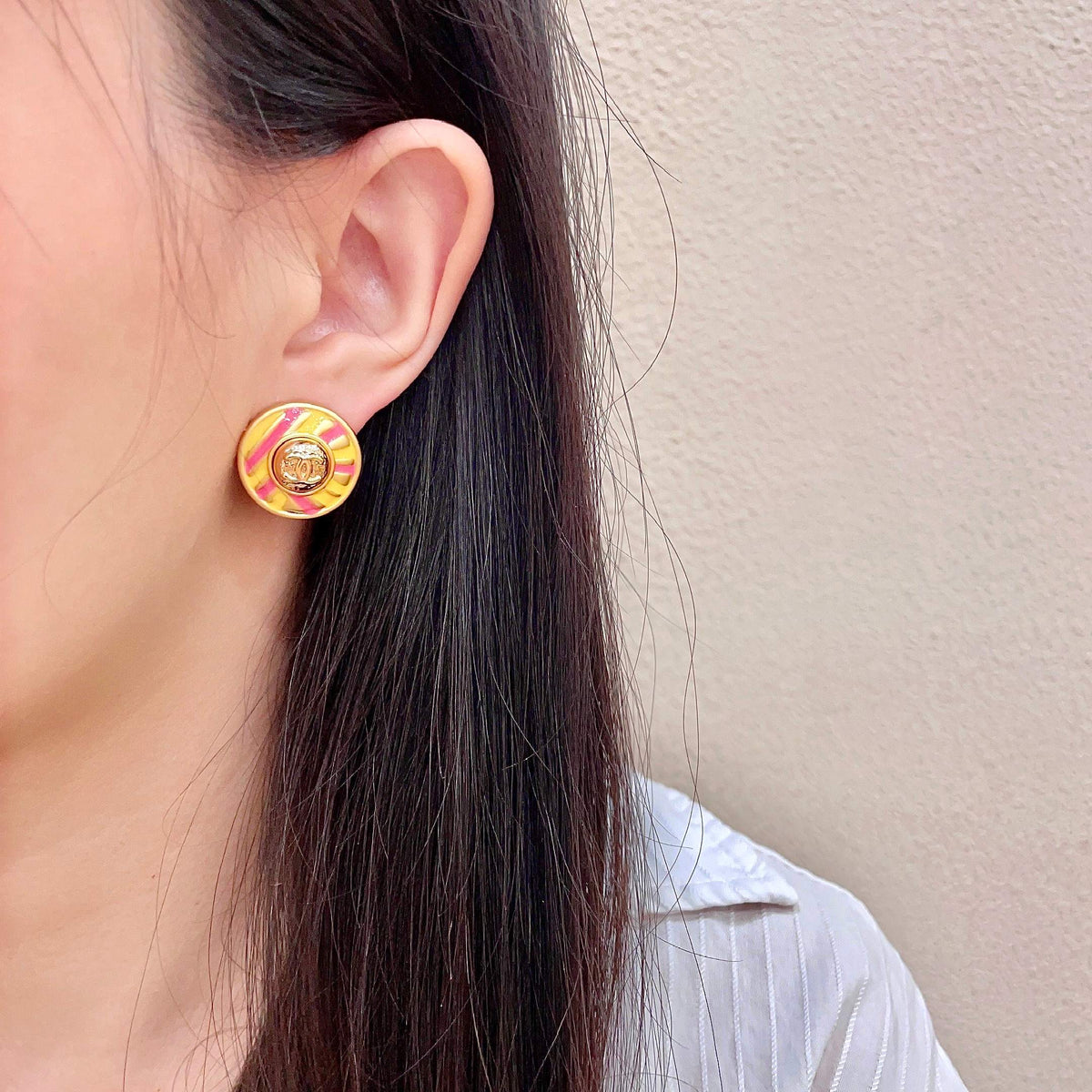 Signature Emblem Stud Earrings in Polished Metal-Tone – Design 104 detail view