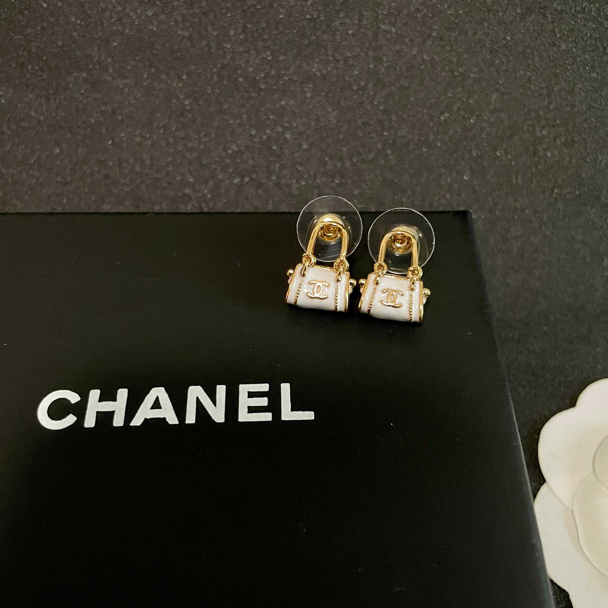Signature Emblem Stud Earrings in Polished Metal-Tone – Design 103 detail view