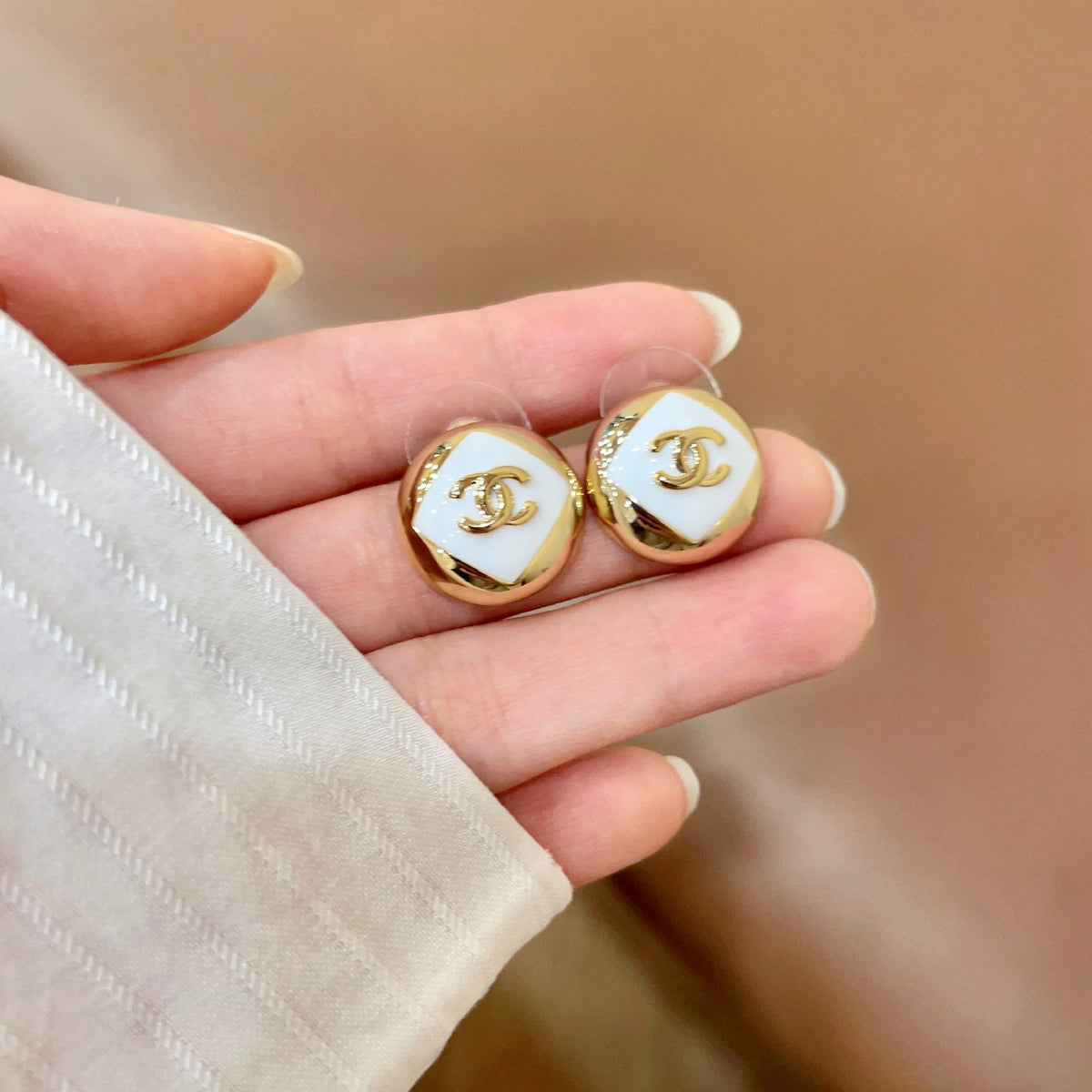 Signature Emblem Stud Earrings in Polished Metal-Tone – Design 096 side detail
