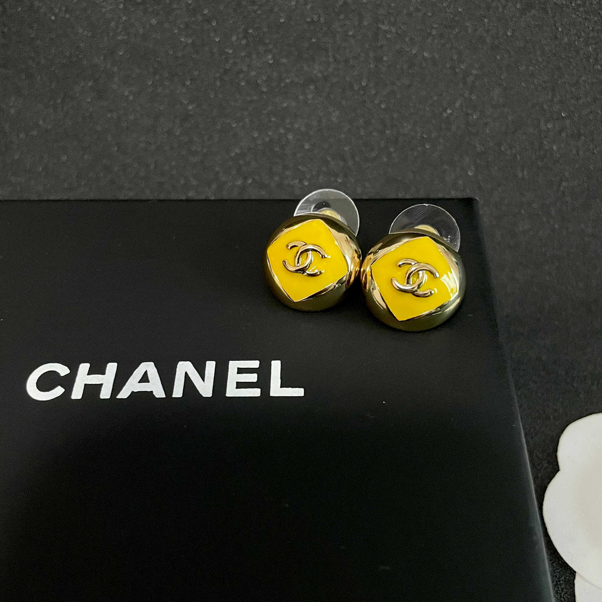 Signature Emblem Stud Earrings in Polished Metal-Tone – Design 094 detail view