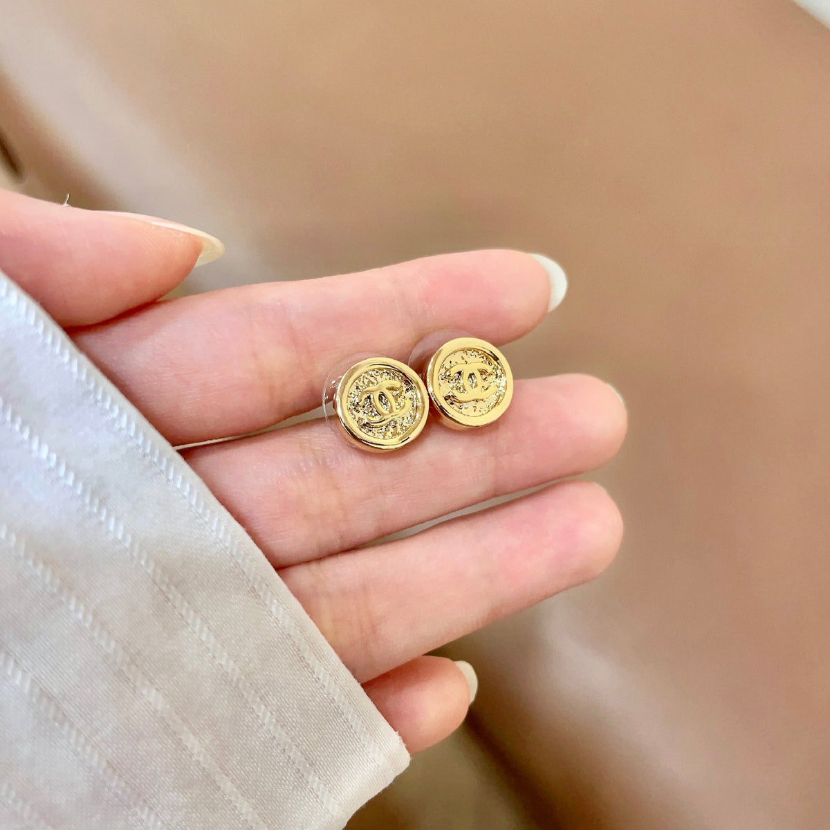 Signature Emblem Stud Earrings in Polished Metal-Tone – Design 093 side detail