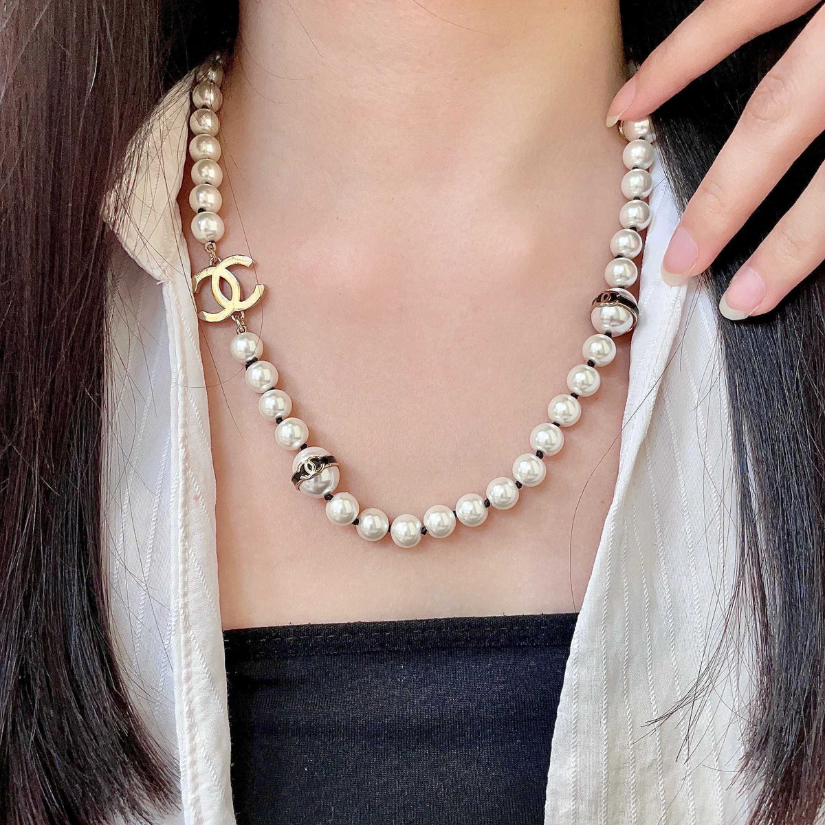 Double-C Emblem Pearl-Detail Pendant Necklace – Pearl Detail – Design 079 main product view